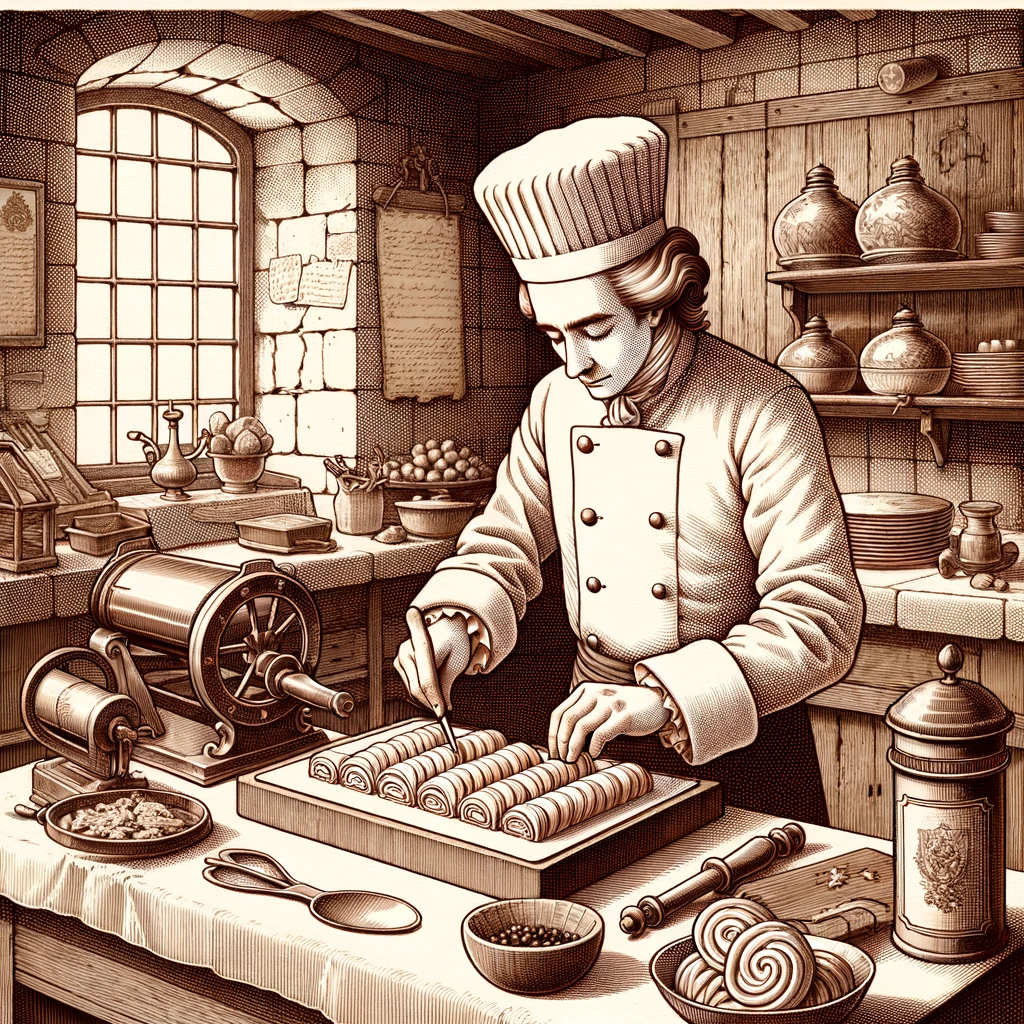  18th-century French pastry chef crafting a mille-feuille.