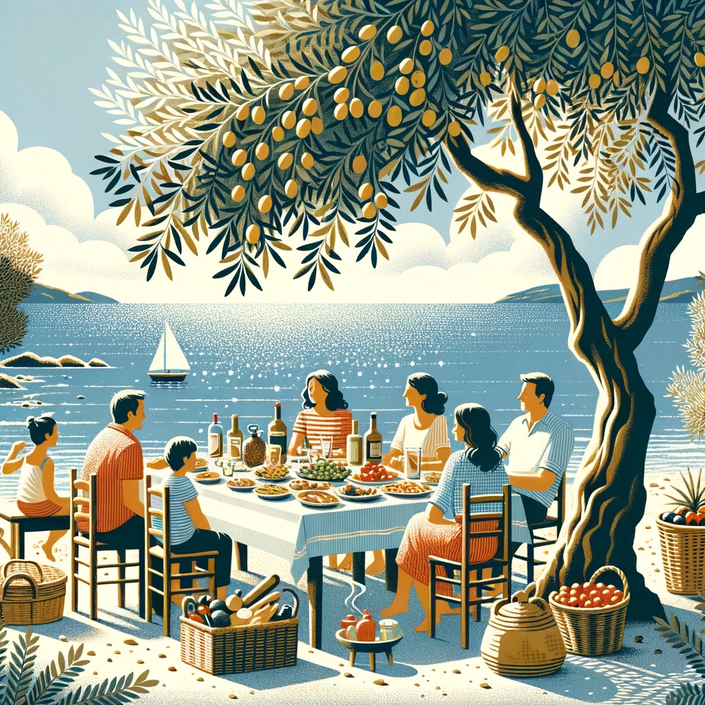An illustration that epitomizes the Mediterranean lifestyle. It portrays a family relishing a meal in a picturesque seaside setting, under the shade of olive trees, with the shimmering sea in the backdrop. This image resonates with the communal and holistic spirit of the Mediterranean way of life.