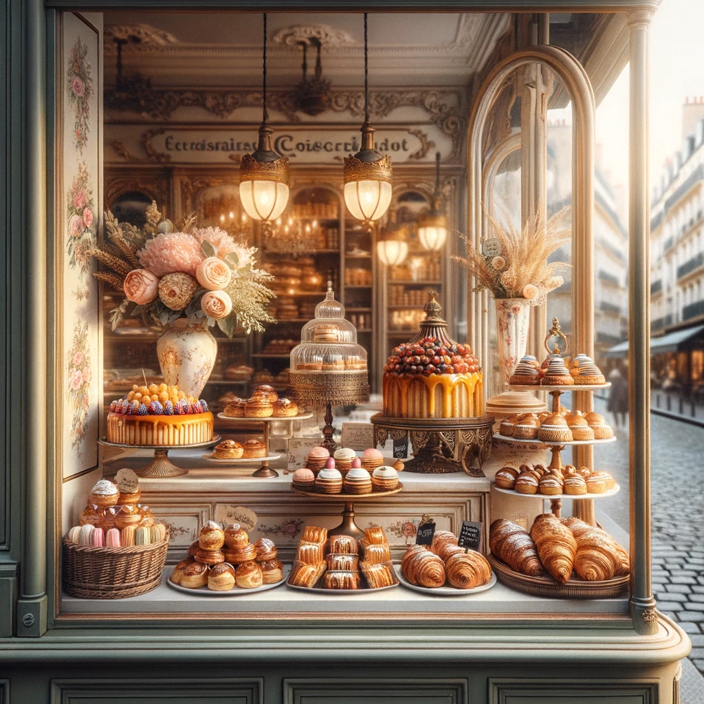 vVntage French patisserie with a delightful display of pastries.