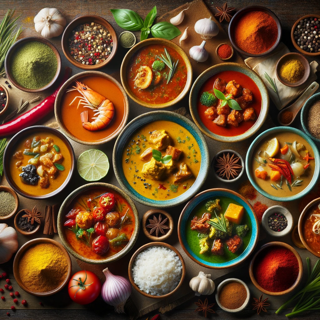 A depiction of various bowls of curry from different cultures, highlighting their unique colors and ingredients.