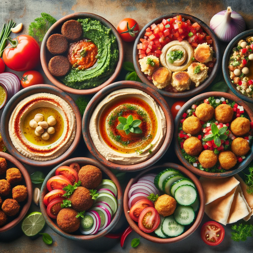 Photo of a vibrant display of various mezze dishes including hummus tabbouleh falafel and kibbeh set against a rustic backdrop.
