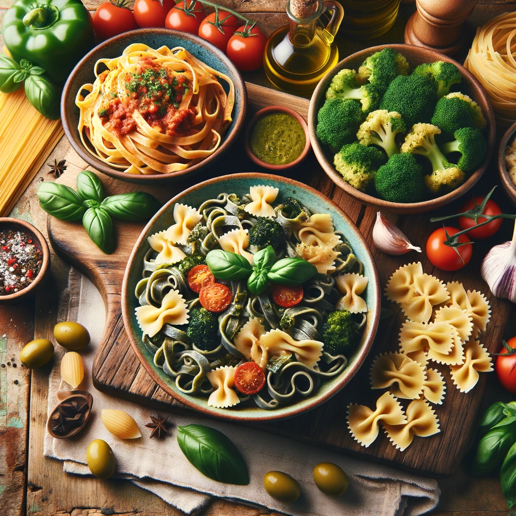 Traditional Italian pasta dishes including tagliatelle with ragù, orecchiette with broccoli rabe, and trofie with basil pesto on a rustic table.