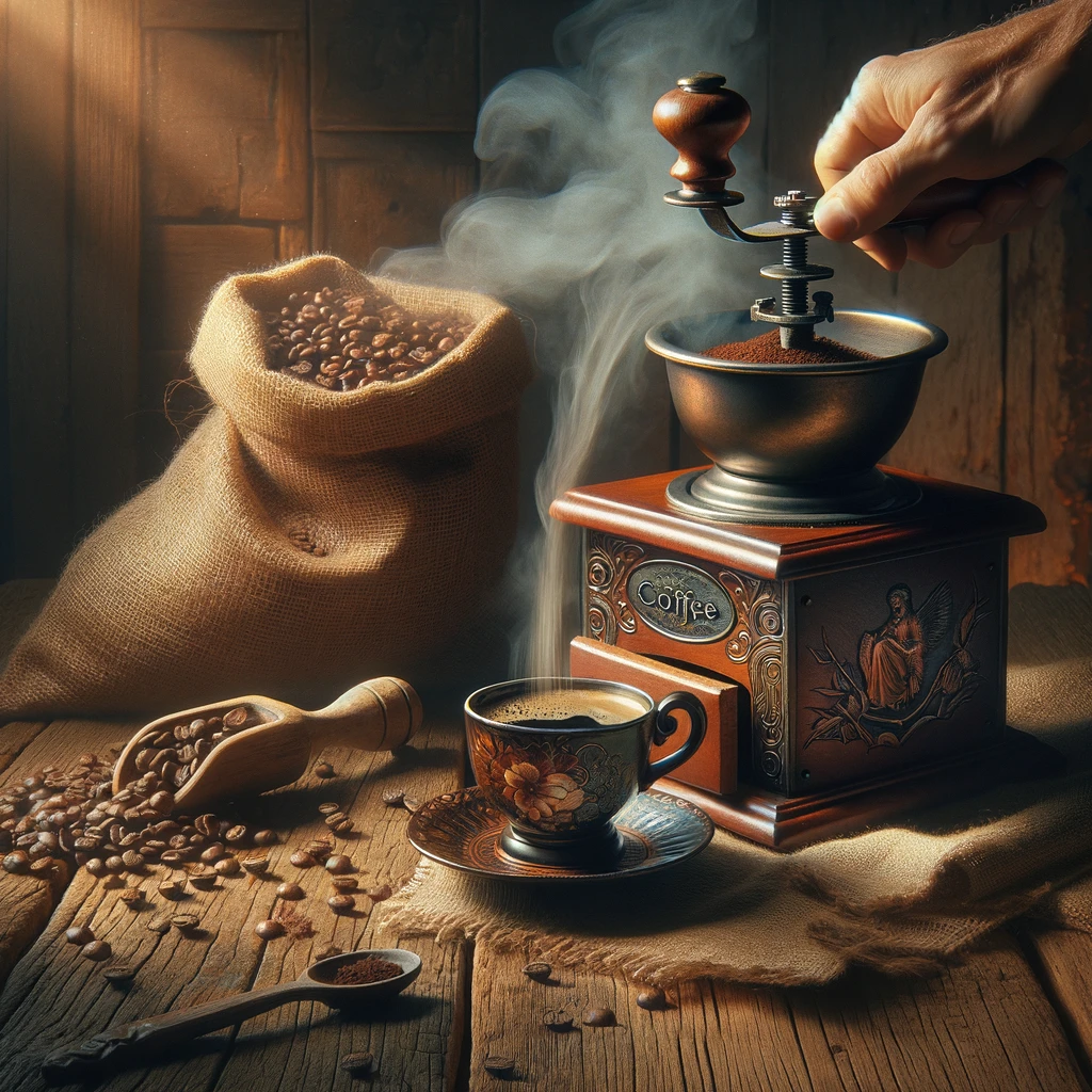 A hand pours coffee from a metal grinder into a hand-painted cup, with a burlap sack of beans and soft morning light creating a traditional, cozy kitchen scene.