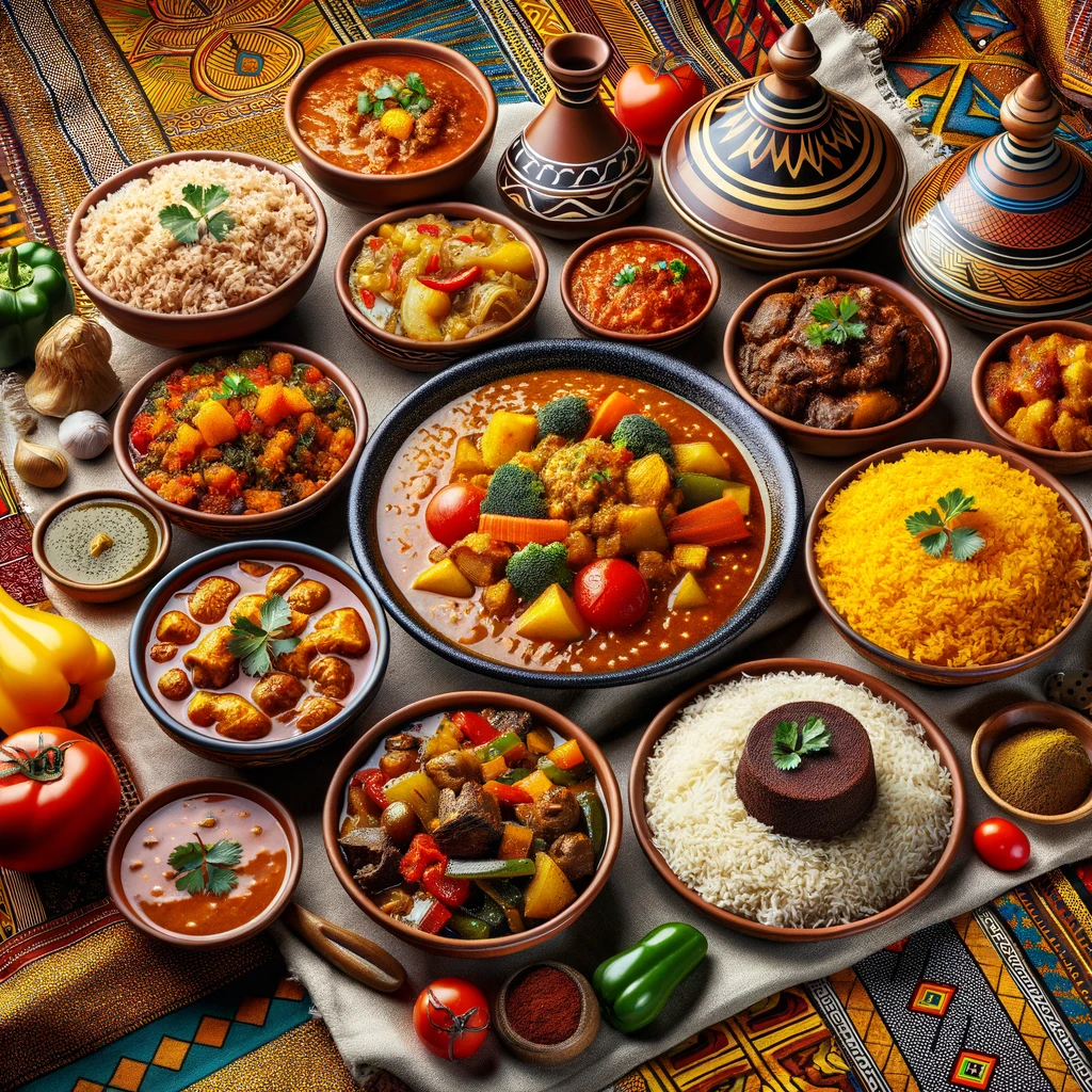A traditional array of African dishes set against a backdrop of African fabric patterns.