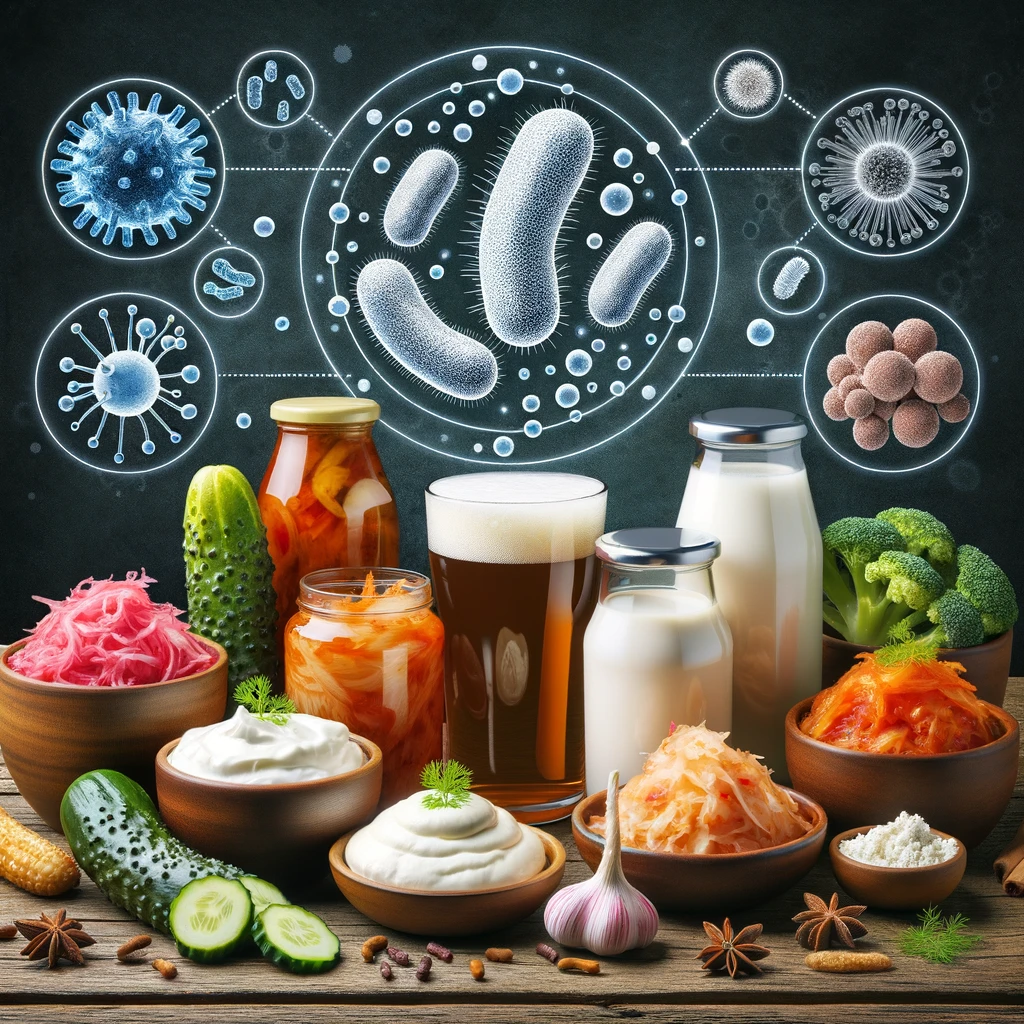 The first image showcases various fermented foods with illustrations of bacteria and yeast cells, emphasizing the fermentation process.