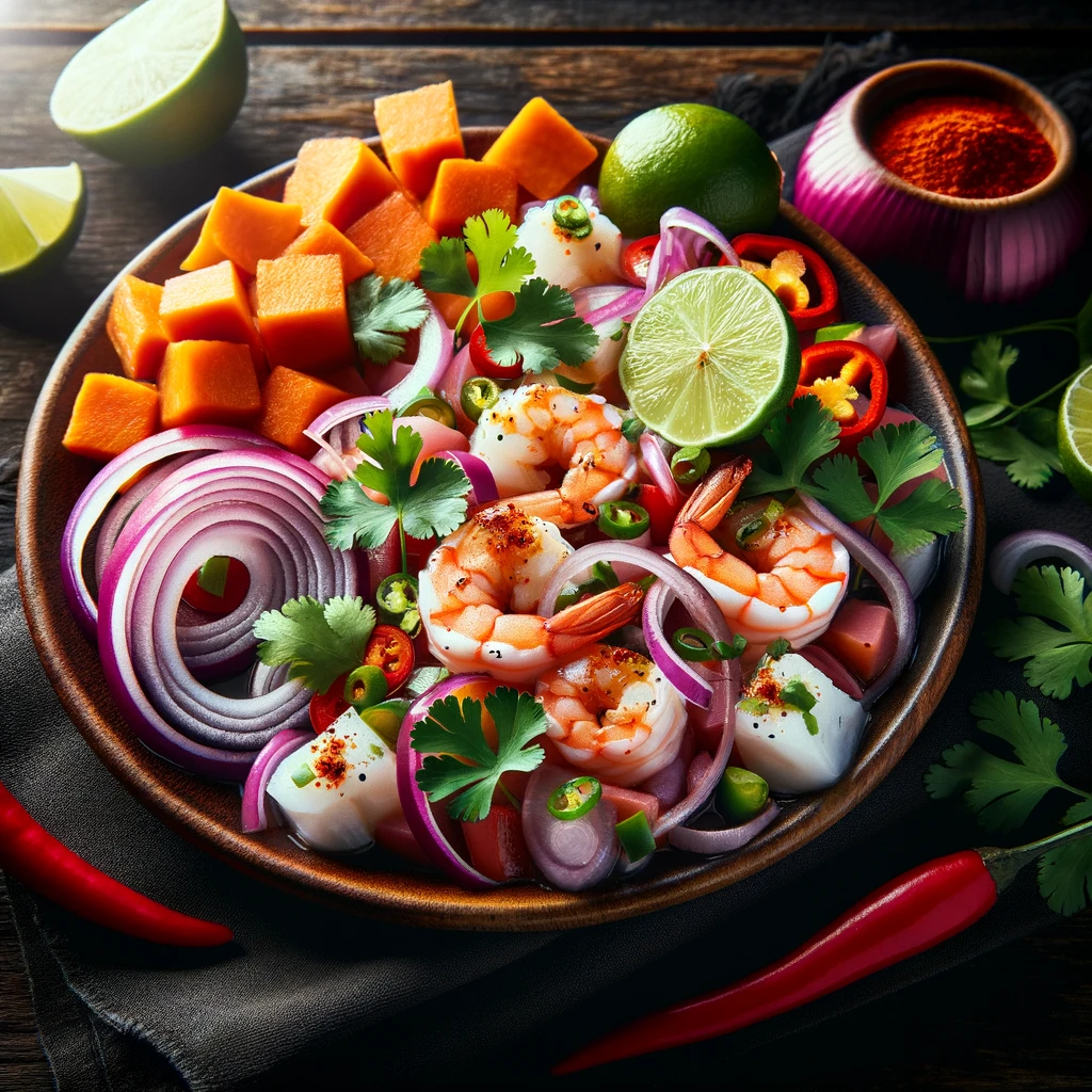 Photo of a high-resolution image of a colorful plate of ceviche with fresh seafood, lime slices, cilantro, red onions, and sweet potato on the side, garnished with a sprinkle of red chili, on a dark wood table background, vibrant colors, focus on texture and freshness.