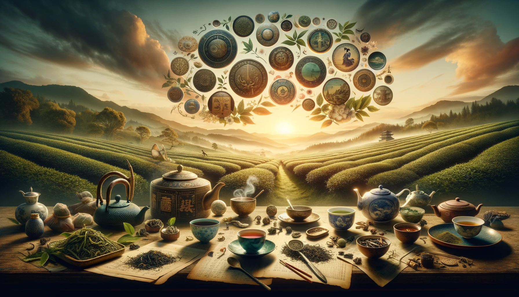 A captivating image for 'The World of Teas: A Soothing Exploration of its History' blog, showcasing a variety of tea leaves and culturally diverse tea cups, including Japanese matcha bowls, Chinese porcelain cups, and British tea sets. The background features a peaceful landscape of tea plantations on rolling hills under a soft, golden sunrise. Scattered throughout are historical tea artifacts, like a Chinese teapot and a British tea strainer, symbolizing the rich heritage of tea. The image radiates a tranquil and educational atmosphere, inviting viewers into the diverse world of tea.