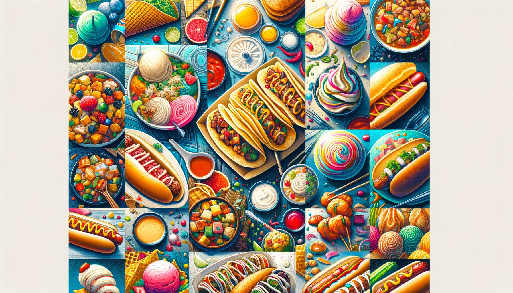 An abstract image representing the theme 'Street Foods Worth Traveling For', showcasing a montage of various international street food dishes. The image includes close-up views of Mexican tacos, Indian chaat, Japanese takoyaki, Italian gelato, and American hot dogs, arranged in a visually appealing and colorful composition. The focus is on the culinary diversity and delight of these dishes, capturing the essence of international street food culture in an artistic and abstract manner.