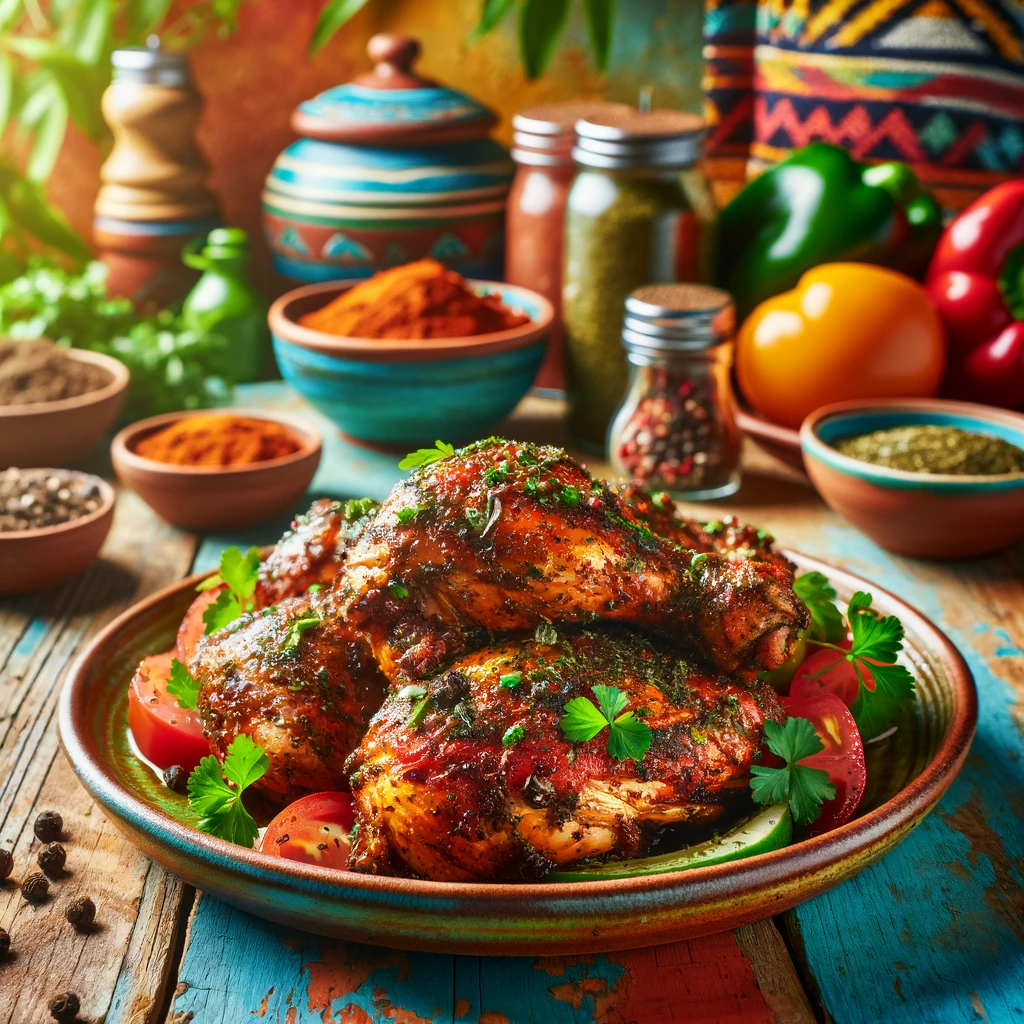 A delicious plate of spicy Jerk Chicken, a traditional Caribbean dish with a rich history