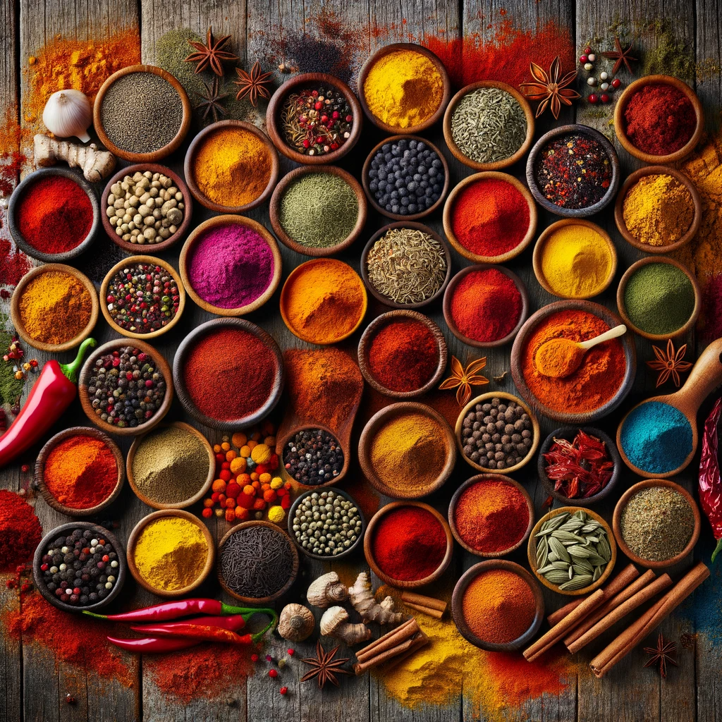 Colorful array of spices representing various global cuisines, including turmeric, paprika, and saffron.