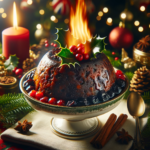 A rich and fruity traditional English Christmas pudding, symbolizing classic holiday flavors.