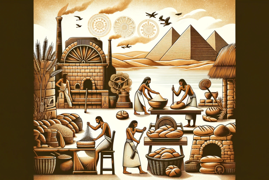 An ancient Egyptian scene depicting bread making with workers grinding grain, kneading dough, and baking bread in clay ovens, set against the backdrop of the Nile river and pyramids.