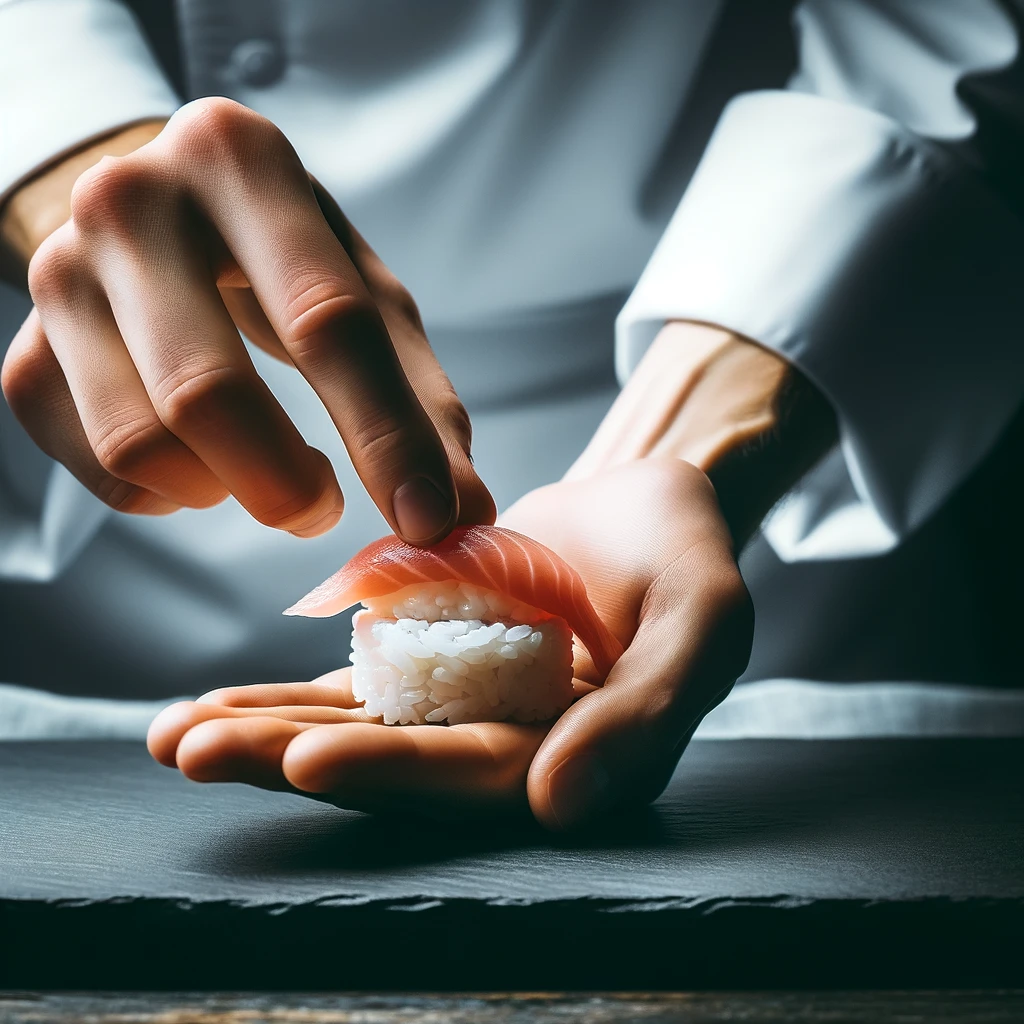 A chef crafting sushi with precision, highlighting the minimalist beauty and freshness of Japanese cuisine.